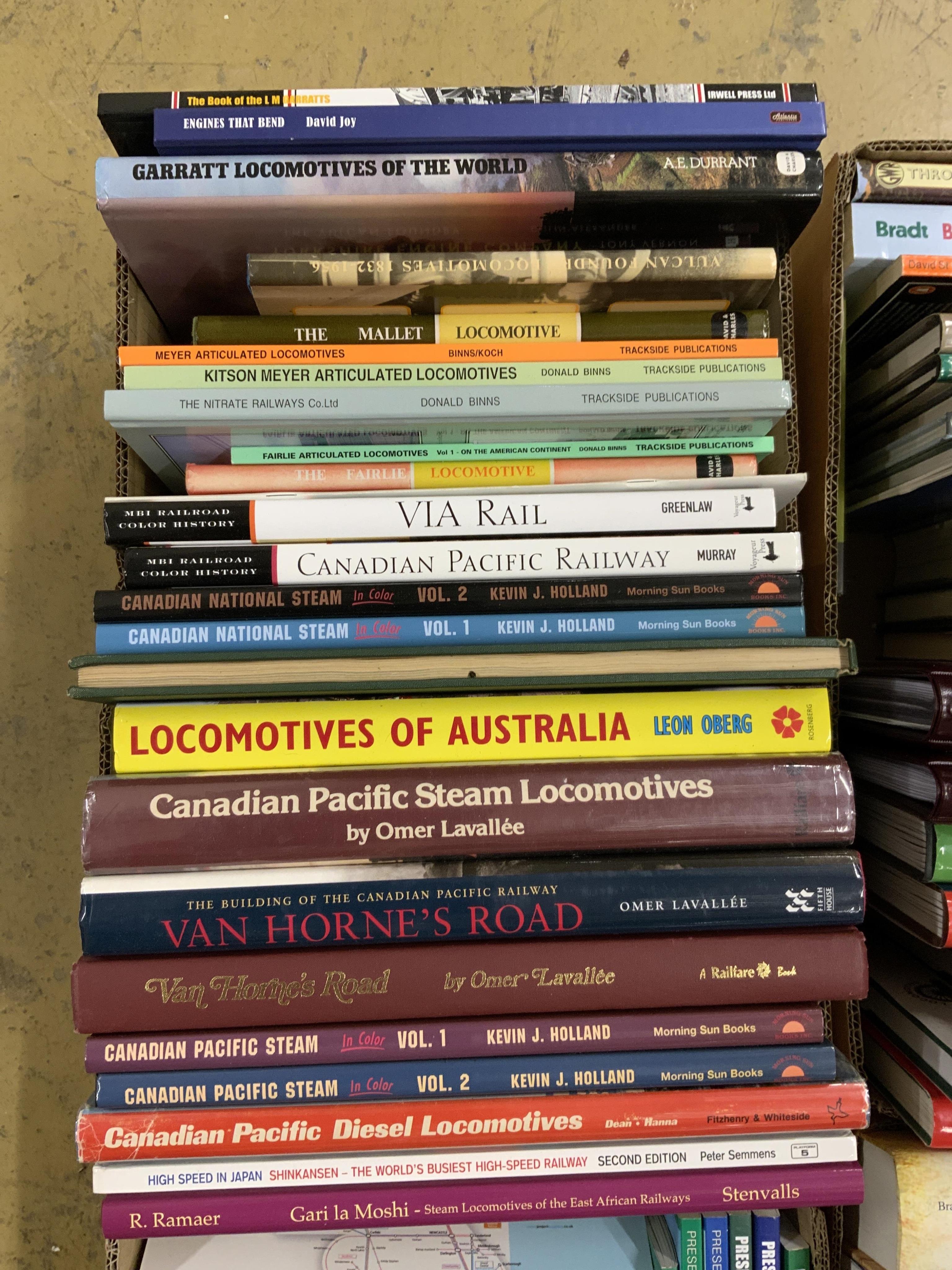 Eight boxes of railway related books, subjects include; locomotives of Australia, British railway journeys, preserved and miniature railways, Southern Railway, branch line railways, Great Western Railway locomotives, etc